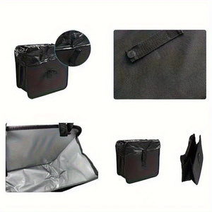 Collage showing the lining, strap and folded shape of a car bag