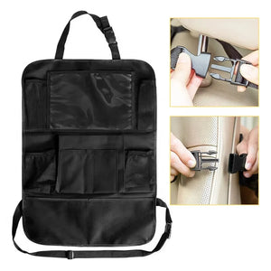 Seat-back organizer with buckle-attachment detail insets