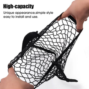 Hands holding open a rectangular elastic storage net