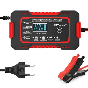 Red battery charger with EU plug and clamps