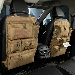 Brown hanging storage bags behind car seats