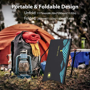 Solar-panel bag photographed beside an outdoor backpack