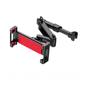 Red headrest-mounted phone and tablet holder