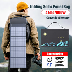 Folding solar-panel bag attached to a backpack