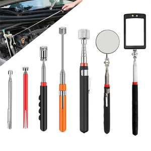 Telescoping pickup tools and mirrors shown in different styles