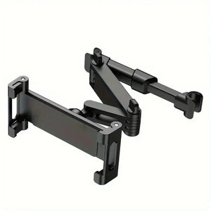 Black headrest-mounted phone and tablet holder