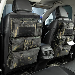 Camouflage storage bags mounted behind car seats