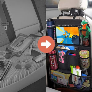 Seat-back organizer illustrated holding travel items