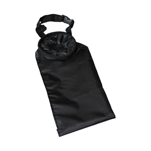 Black hanging trash bag with gathered opening and buckle strap
