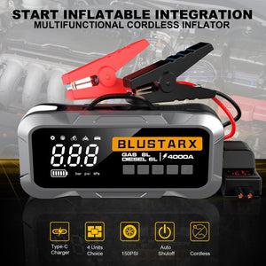 BLUSTARX 4000A Démarreur Portable 4-en-1 avec Compresseur d'Air - Blustarx