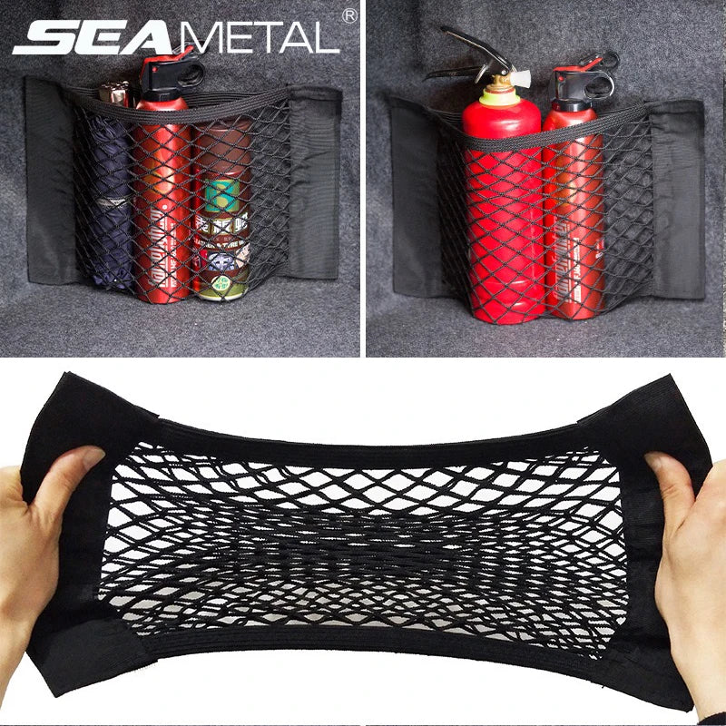 Mesh pocket with supplier branding and stretching demonstration