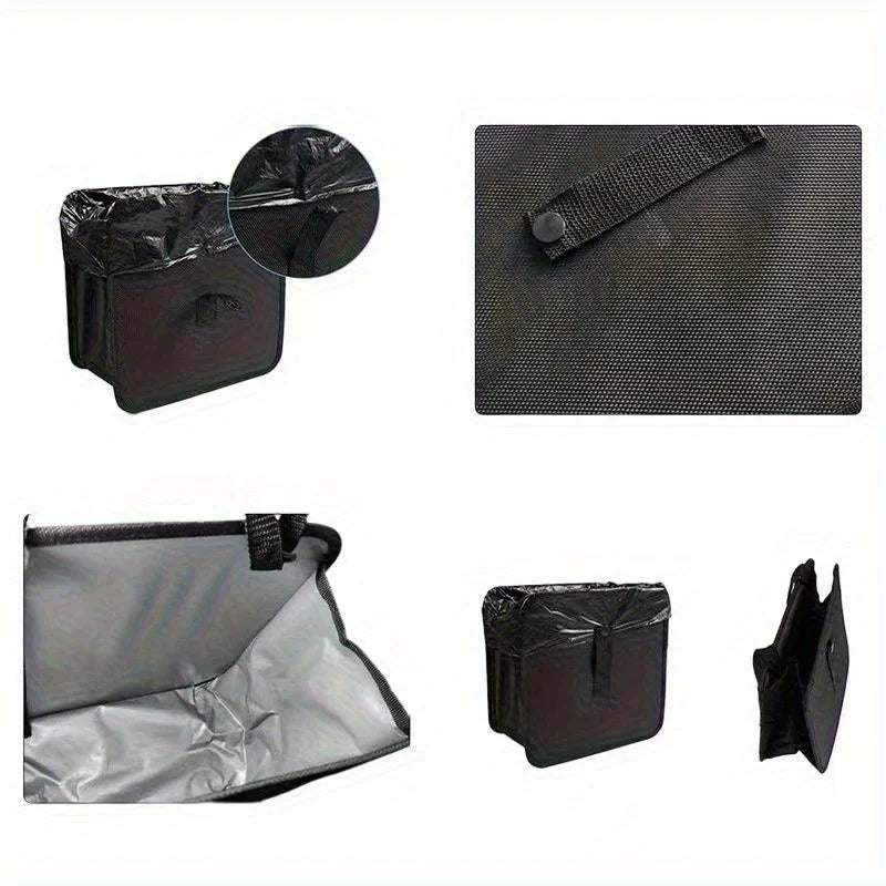 Collage showing the lining, strap and folded shape of a car bag