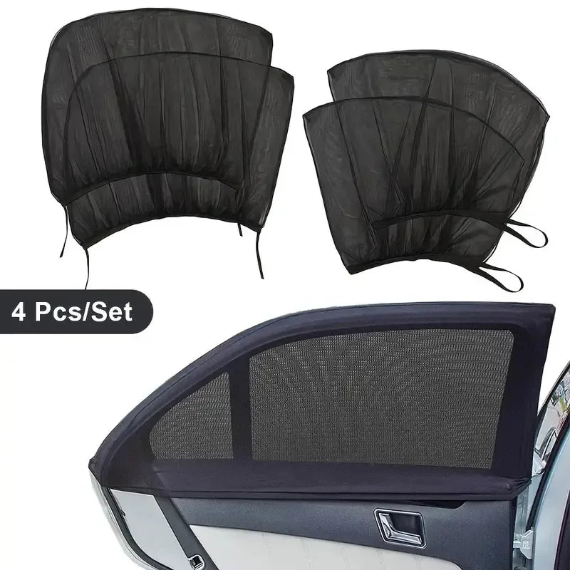 Mesh car-window shades illustrated as a four-piece set