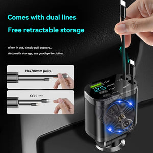 Retractable cables illustrated extending from the charger