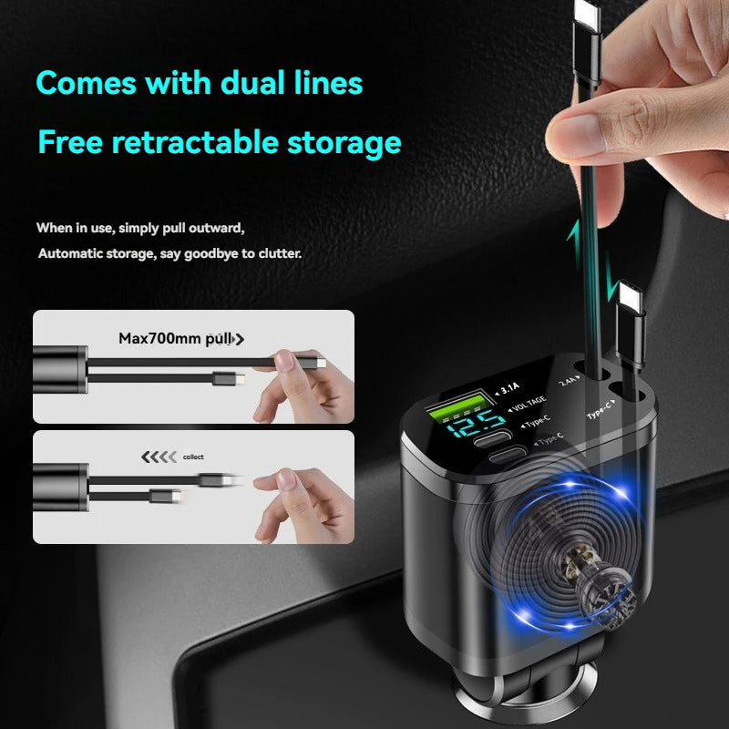 Retractable cables illustrated extending from the charger