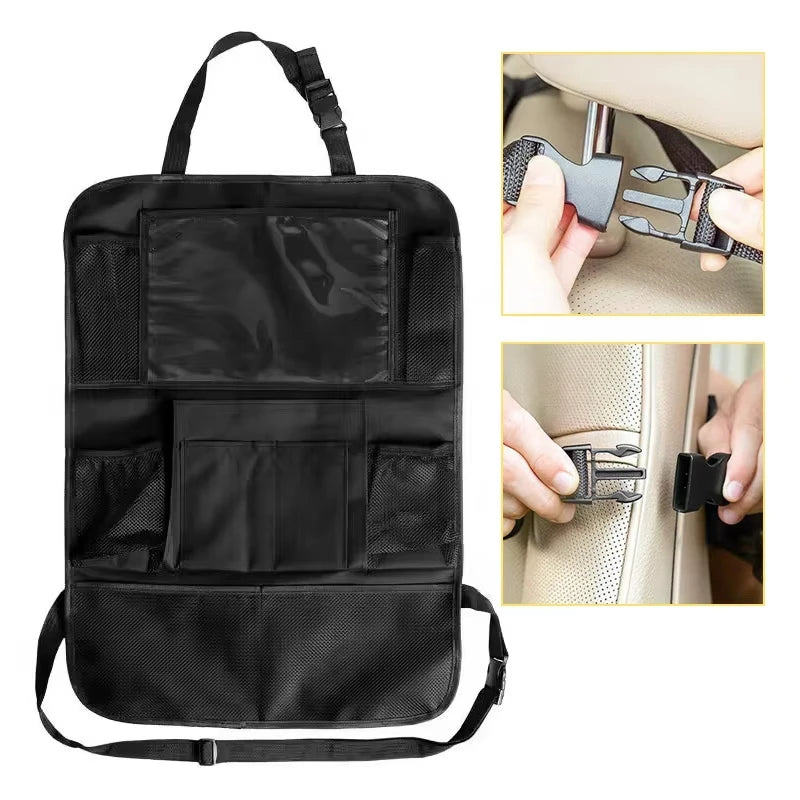 Seat-back organizer with buckle-attachment detail insets