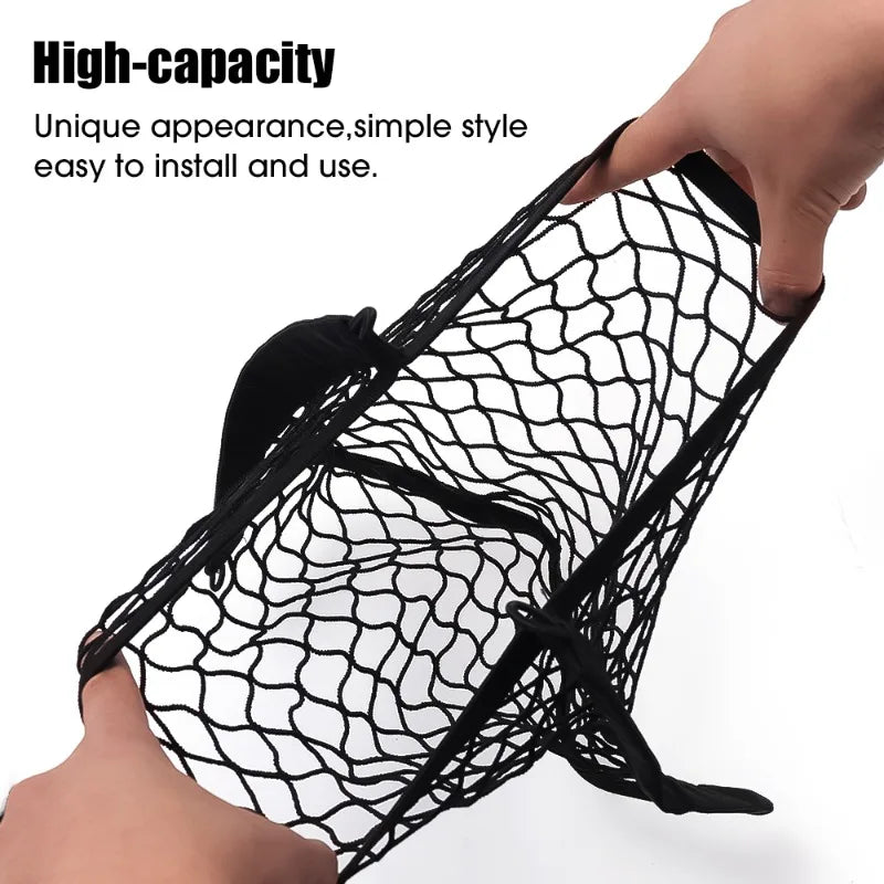 Hands holding open a rectangular elastic storage net