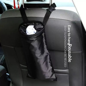 Hanging trash bag shown holding a tissue
