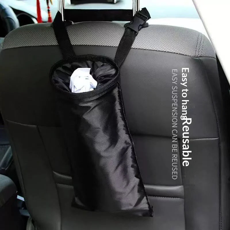 Hanging trash bag shown holding a tissue