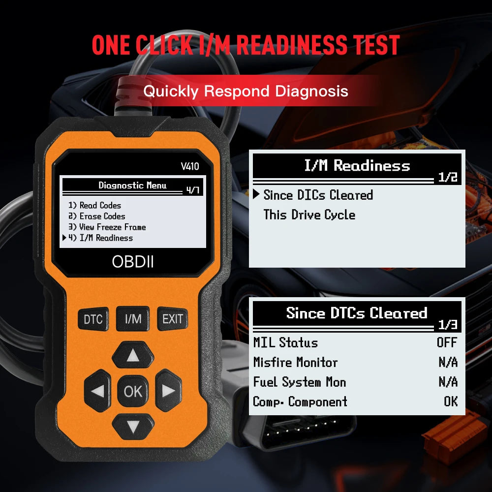 V410 display illustrated with an I/M readiness screen