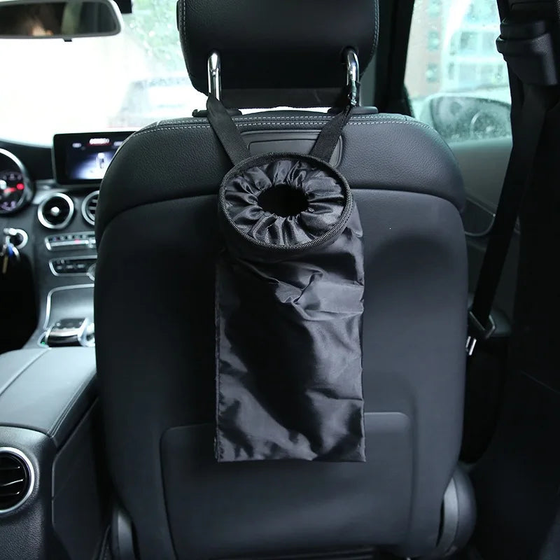 Fabric trash bag installed behind a car seat