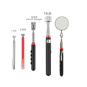 Five-tool kit with pickup tools and round mirror