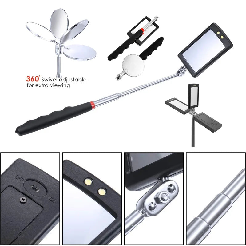 Inspection mirror with swivel-head detail illustrations