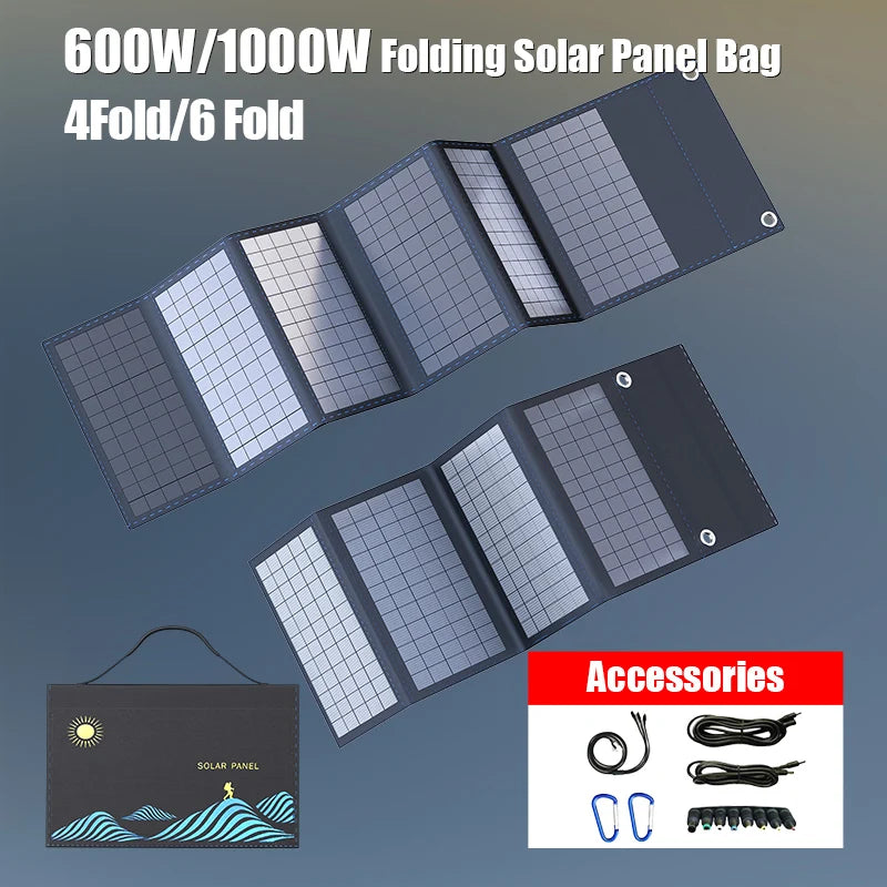 Folded and open solar-panel layouts with accessory illustrations