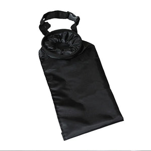 Black buckle-strap trash bag in its folded hanging shape
