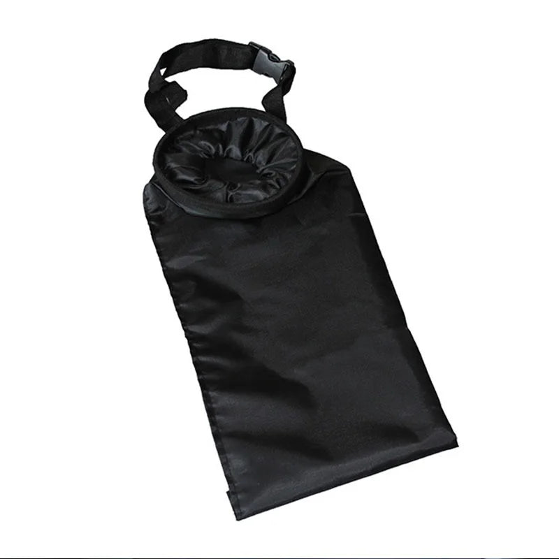 Black buckle-strap trash bag in its folded hanging shape