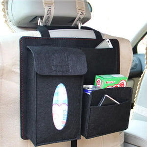Hanging felt organizer fitted behind a seat