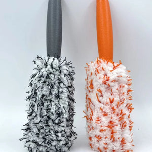 Close view of microfiber brush heads in two colors