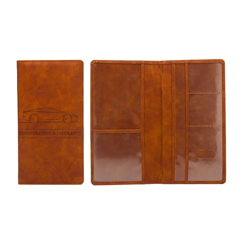 Brown long-format document holder shown open