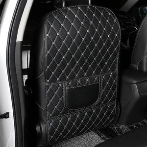 Long black stitched seat-back protector with storage pocket