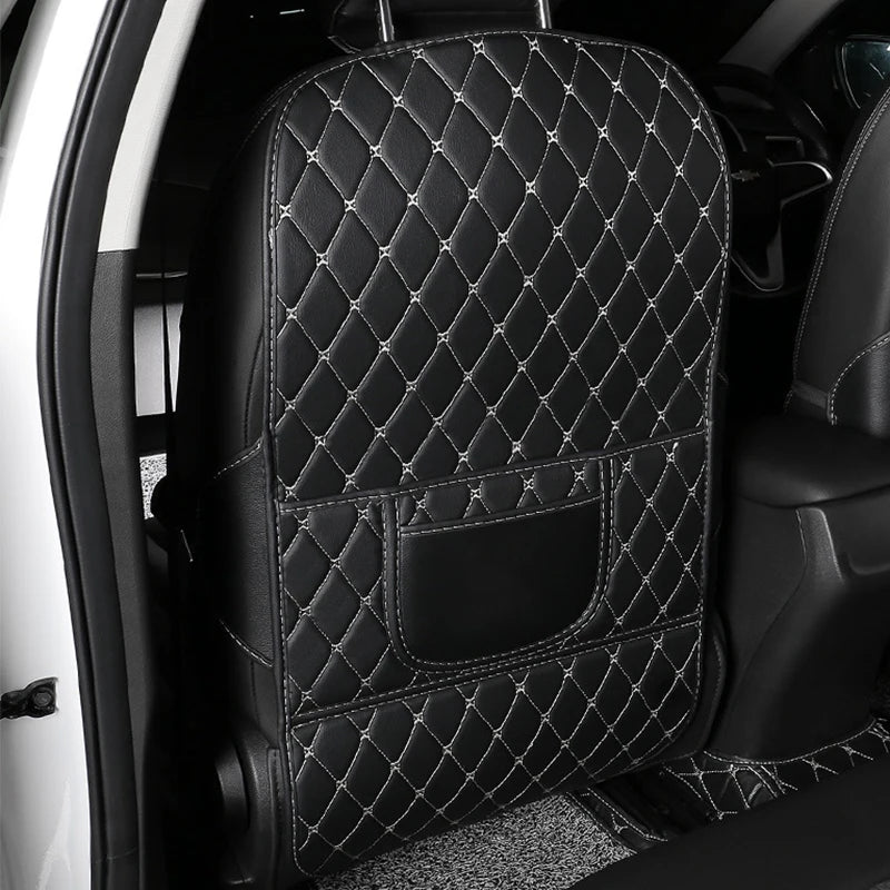 Long black stitched seat-back protector with storage pocket