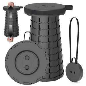 Black telescoping stool with its strap and collapsed shape