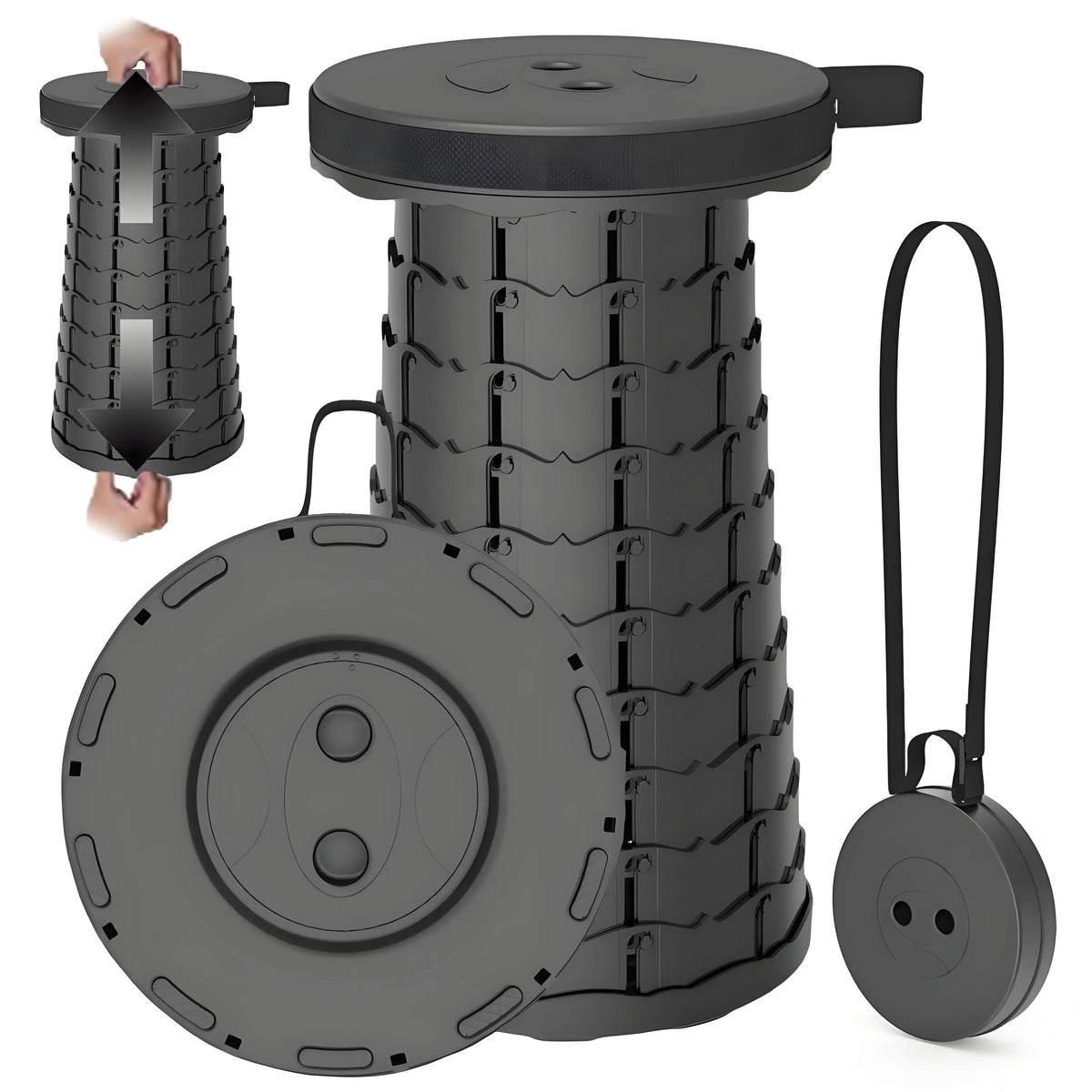 Black telescoping stool with its strap and collapsed shape