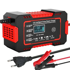 Digital-display battery charger with battery clamps