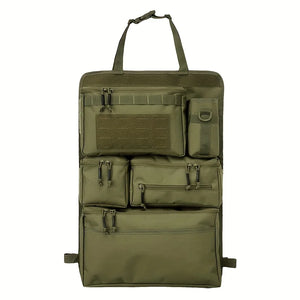 Army-green hanging seat-back storage bag