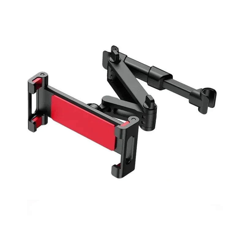 Red headrest-mounted phone and tablet holder