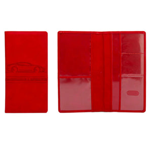 Red long-format document holder shown open