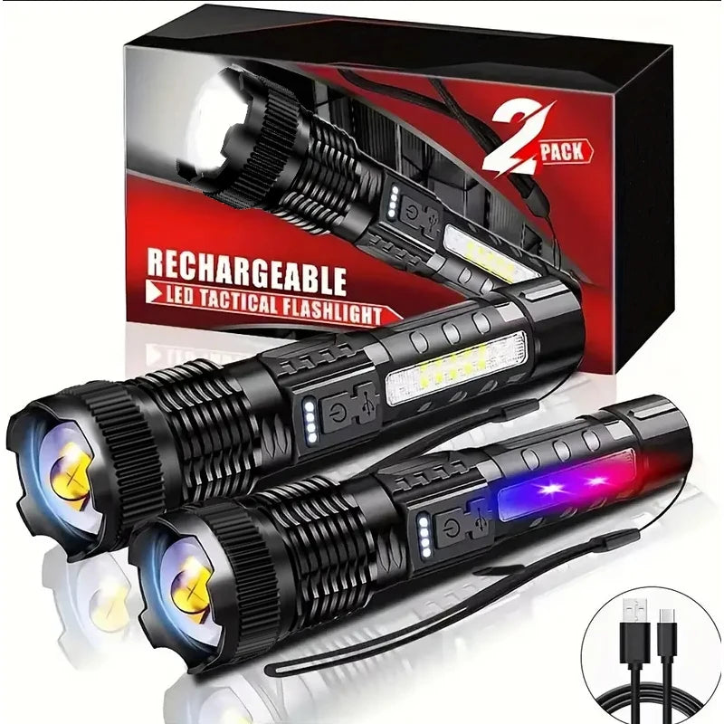 Rechargeable flashlights shown with two-pack packaging