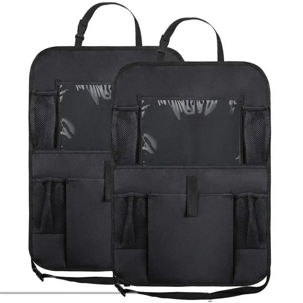 Two black seat-back organizers shown together
