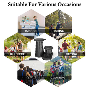 Camping stool illustrated in different outdoor settings