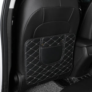 Short black seat-back protector with pocket