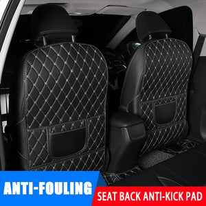 Black stitched seat-back protector illustrated in a car