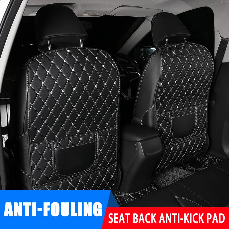 Black stitched seat-back protector illustrated in a car