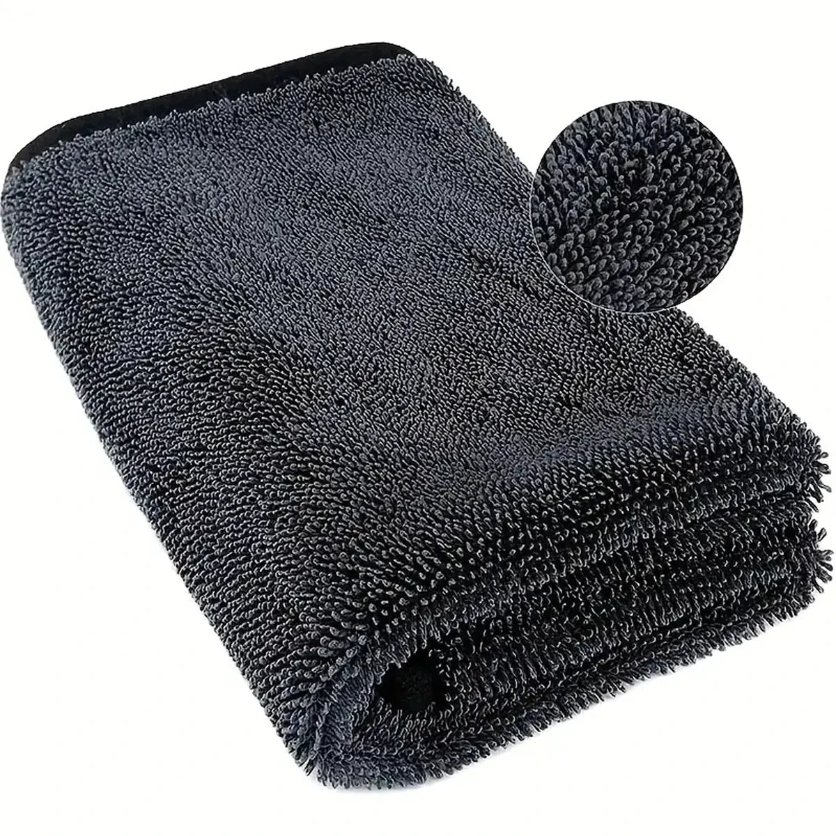 Folded dark-gray microfiber towel with surface-detail inset