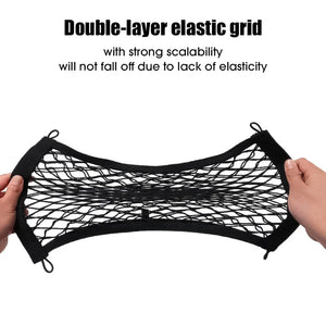 Hands stretching a double-layer storage net