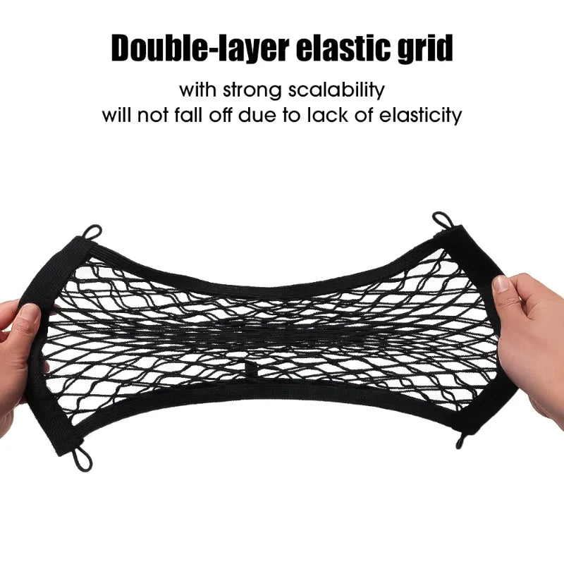 Hands stretching a double-layer storage net